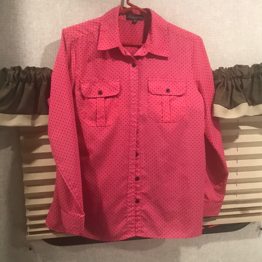 Elementz pink polka dot roll tan buttondown blouse